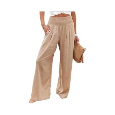Imagem de Calças Casuais Femininas De Perna Larga Com Cordão Na Cintura Média Es