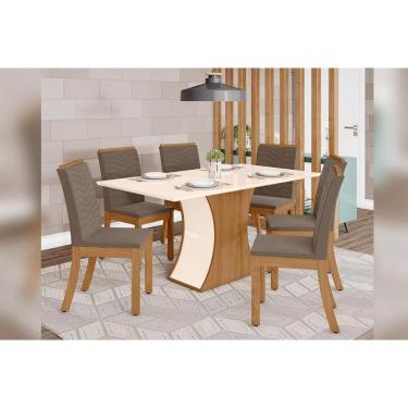 Imagem de Sala De Jantar Completa C/ Tampo Madeirado 160cm + 6 Cadeiras Isa Nature/veludo Light Bege Vanilla