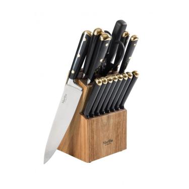 Imagem de Conjunto de Facas de Cozinha Martha Stewart Lockton 16 Peças Preto com Detalhe Dourado e Bloco em Acácia