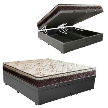 Imagem de Cama Box Baú Bipartido Casal Corino + Colchão Casal Espuma Extra Firme D33 Elegance Ortopédico 72x138x188 Cinza