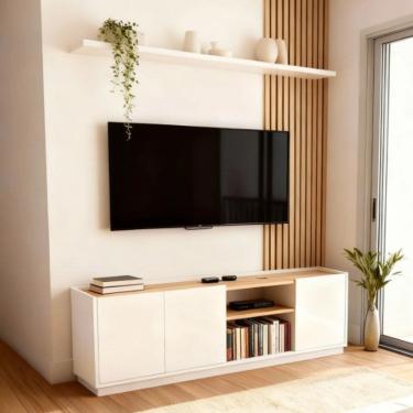 Imagem de Rack Home para Tv 55 Polegadas Sala Moderna branco e amadeirado