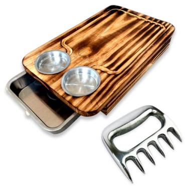 Imagem de Kit Churrasco Tábua Inteligente Madeira Desenhada Para Churrasqueiro Garra de Urso Prateada