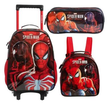 Imagem de Kit Mochila Com Carrinho escolar Lancheira e Estojo Homem Aranha-Unissex