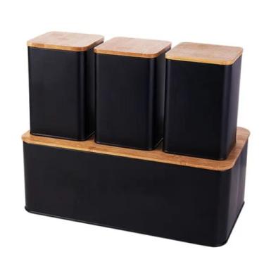 Imagem de Conjunto Porta Pão com 3 Potes de Metal e Tampa de Bambu Preto - Mimo 