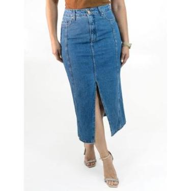 Imagem de Saia Jeans Feminina Midi Fenda Friso Duplo Cintura Alta Anticorpus-Feminino