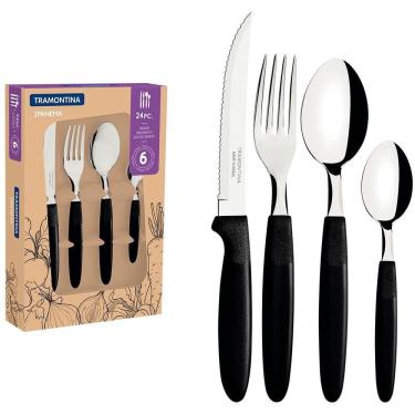 Imagem de Faqueiro Ipanema 24 Peças com Facas para Churrasco Garfos Colheres em Aço Inox para Mesa Posta Preto