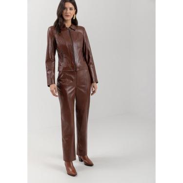 Imagem de Jaqueta De Couro Com Zíper Frontal E Gola Camisa-Feminino