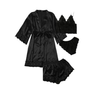 Imagem de Conjunto De Pijama Feminino De Cetim Com Renda Sexy, Estampa Moderna, 