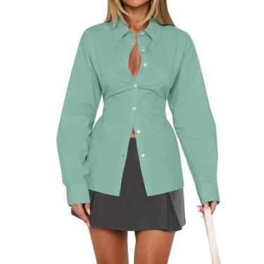 Imagem de Blusa feminina HOCANDY de manga comprida com botões, verde sálvia