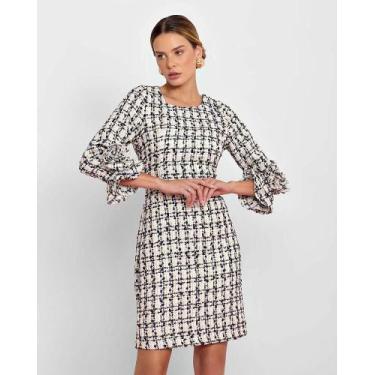 Imagem de Vestido Feminino Tweed Manga Cúpula com Flor Outono Inverno - mabi ele