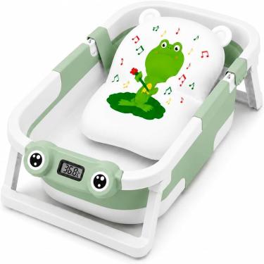 Imagem de Banheira Dobrável para Bebê com Termômetro Portátil Compacta Verde com Apoio e Base Antiderrapante Polipropileno e TPE