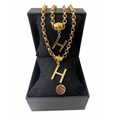 Imagem de Colar + Pulseira Elo Português Grosso 6mm Letra "H"