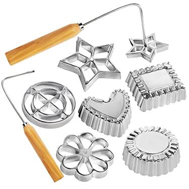 Imagem de Conjunto de 8 peças de roseta e timbale, moldes de waffle de alumínio com cabo de madeira, sueco caseiro para biscoito rosette Bunuelos
