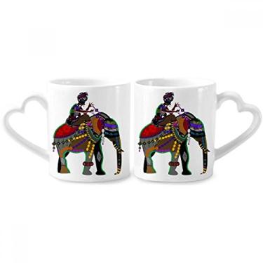 Imagem de Elefante Trekking China Minority Dressing Totem Conjunto de canecas de porcelana para casais, copo de cerâmica para amantes, alça de coração
