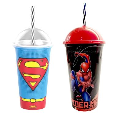 Imagem de Copo do Homem Aranha e Super Homem Infantil Premium com Canudo e Tampa 500ML Plasútil