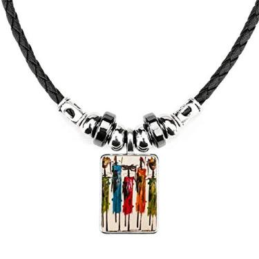 Imagem de DIYthinker Colar com pingente de corda de couro estilo guerreiro africano de arte abstrata