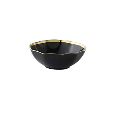 Imagem de JLXZHOME Prato de jantar de cerâmica com aro de ouro preto branco pratos de porcelana bandeja de sobremesa de arroz tigela de sopa colher de mesa, tigela preta de 12,7 cm
