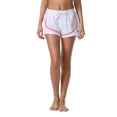 Imagem de Nonwe bermuda feminina de praia com estampa de penas de pavão de secagem rápida para verão na praia com cordão branco M