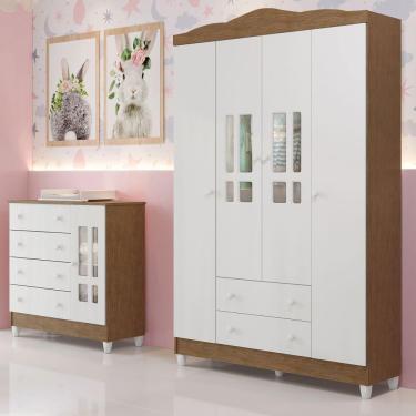 Imagem de Quarto de Bebê Ariel Guarda Roupa 4 Portas Cômoda 4 Gavetas com Porta Branco com Bétula Carolina Baby