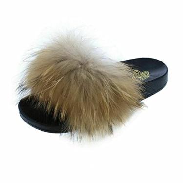 Imagem de Liliana Nomi-17 Tan Luxury Real Raccon Fur Slippers Slides Flat Soles Mule (8)