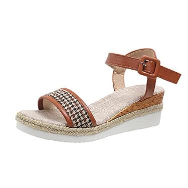 Imagem de Sandálias de plataforma para mulheres moda verão mil pássaros xadrez tecido fecho salto cunha sola grossa sandálias (marrom, 8)