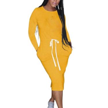 Imagem de UIFLQXX Vestido clássico simples casual cor sólida manga longa cintura vestido com fenda na coxa casual bolsos soltos vestido longo, Amarelo, P