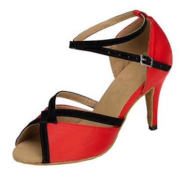 Imagem de Minishion Sandálias de cetim para dança de salão com tira no tornozelo casamento formatura, L183 Vermelho, 9.5