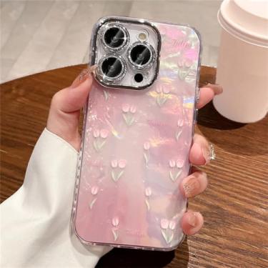 Imagem de Protetor de lente de brilho de luxo revestido com padrão de concha de tulipa capa rígida de acrílico para iPhone 15 14 Pro Max 13 12 11 capa à prova de choque, rosa, para iPhone 14Pro