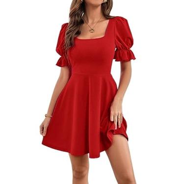 Imagem de Camisa Feminina Square Neck Puff Sleeve A-line Dress (Color : Red, Size : XL)
