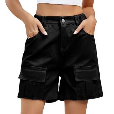 Imagem de Perbai Bermuda cargo feminina cintura elástica comprimento até o joelho 7 bolsos verão longo trilha shorts, Preto, M