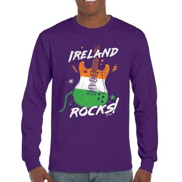Imagem de Camiseta de manga comprida com bandeira de guitarra Ireland Rocks Dia de São Patrício Shamrock Groove Vibe Pub Celtic Rock and Roll cravo, Roxa, 3G