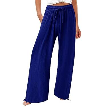 Imagem de ZHONKUI Calça feminina de linho larga longa de verão calça casual com cordão na cintura plissada, Azul marino, XXG