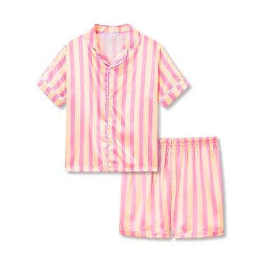 Imagem de Topgal Pijama de cetim para meninas, casaco estilo unicórnio e gato, conjunto de pijama com botões sedosos, tamanho 6-16, Faixa rosa e bege (manga curta e shorts), 10