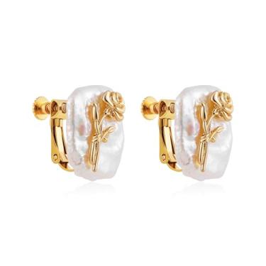 Imagem de SLOONG Brincos de flor de nascimento, banhado a ouro 18 K, brincos de pérola de água doce para mulheres, piercing falso, pérolas barrocas, brincos de orelha, Cobre, Pérola