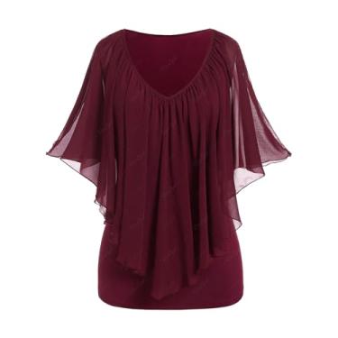 Imagem de ROSE GAL Rosegal Plus Size Blusa feminina sobreposta de camada dupla poncho blusa top capelet top, Vermelho escuro - 1, 4X