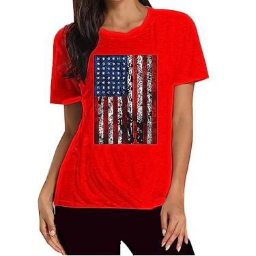 Imagem de Blusa feminina 4 de julho Dia da Independência camiseta estampada bandeira dos EUA Túnica Patriótica Star Stripes Camisa, Vermelho, G