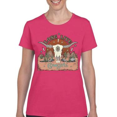 Imagem de Camiseta feminina Long Live Cowgirl Vintage Country Girl Western Rodeo Ranch Blessed and Lucky American Southwest, Rosa choque, P