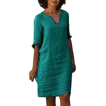 Imagem de Lainuyoah Vestido de verão plus size feminino comprimento até o joelho vestido camisa de praia 2024 casual mini linho moderno vestido casual gola V boho, C - verde, M