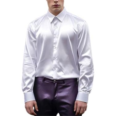 Imagem de Camisas e blusas masculinas de seda de cetim cor sólida slim fit festa manga longa social roupas masculinas, Branco, M