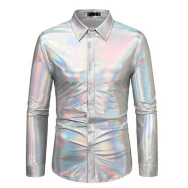 Imagem de Camisas masculinas de festa discoteca dos anos 70 com botões metálicos brilhantes camisa masculina boate cantor de palco camisa masculina, Prata, M