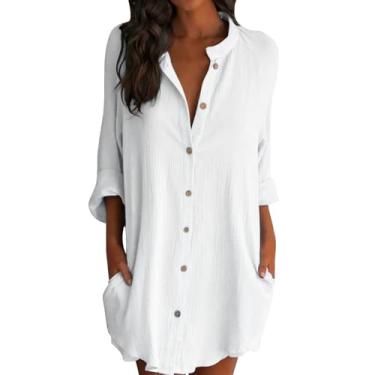 Imagem de Camisas longas femininas de linho com botões básicas, gola alta, blusas sociais para mulheres, blusas básicas, Branco, M