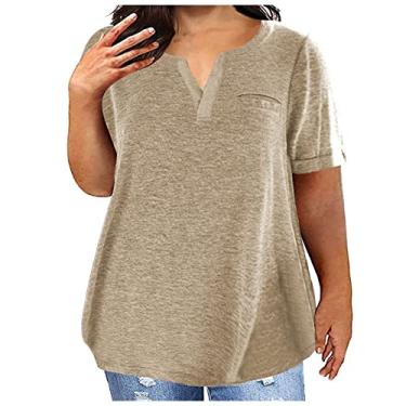 Imagem de Lainuyoah Camisetas macias femininas folgadas plus size manga curta túnica moda verão 2024 blusa retrô lisa básica, D-cáqui, G