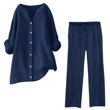 Imagem de Lainuyoah Conjunto feminino plus size, calça de linho de manga comprida, conjunto de 2 peças combinando com blusas elegantes, A - azul-marinho, 3X-Large