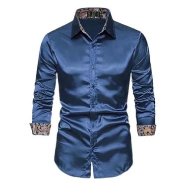 Imagem de JXQXHCFS Camisa social masculina de patchwork, casual, macia, de manga comprida, para casamento, formatura, festa, Azul marinho, P
