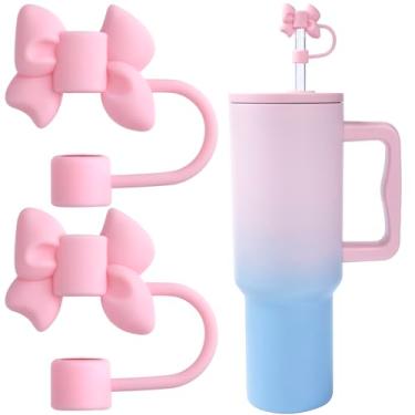 Imagem de HINZIC 2 peças de cobertura de canudo de laço de 10 mm, tampas de canudo de silicone rosa reutilizáveis, compatíveis com Stanley Copos de copo de 30/1,134 g, acessórios de palha, rave, Halloween,
