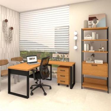 Imagem de Mesa Escritório em L com Gaveteiro e Estante Dalla Costa - Pradel E, F