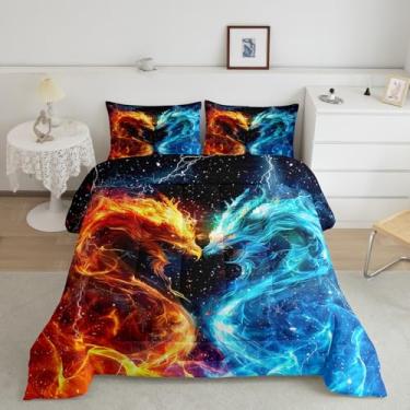 Imagem de Feelyou Conjunto de cama queen com dragão de fogo de gelo, conjunto de edredom com estampa de dragão de fogo e galáxia mágica, 3 peças