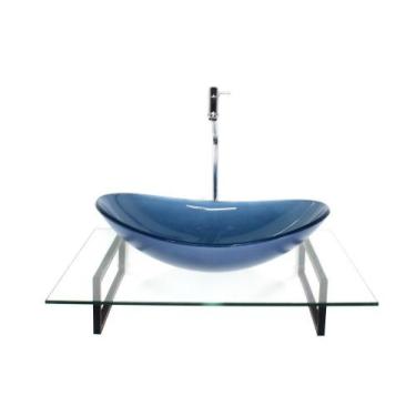 Imagem de Kit Cuba Vidro Oval Azul Tampo 60Cm Incolor E Suporte - Cubas E Gabine
