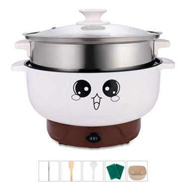 Imagem de Panela de cozinha elétrica multifuncional 4-em-1 panela quente elétrica Wok para macarrão cozinhar arroz sopa de guisado de peixe cozido no vapor pequeno antiaderente (2,3L, com tampa e vapor)