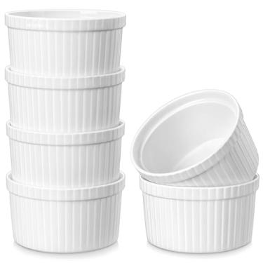 Imagem de MALACASA Ramekins com tampas de 236 ml – Conjunto de 6, ramekins de suflê de porcelana branca com tampas, copos de creme de cerâmica para assar, lava-louças e forno, série RAMEKIN.PRATO